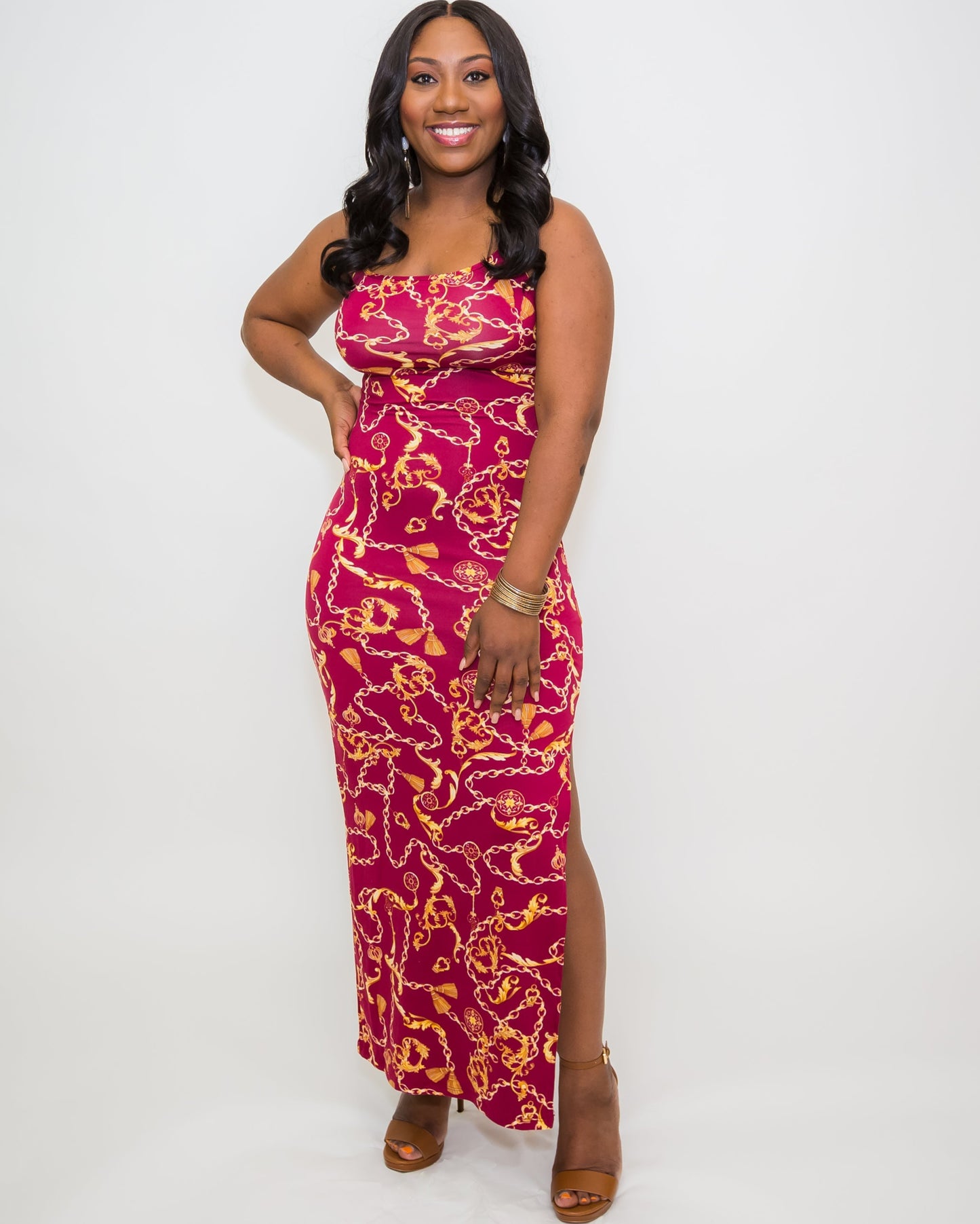 Burgundy Chain Print Bodycon Maxi Dress Ju-Nel Fashion Boutique