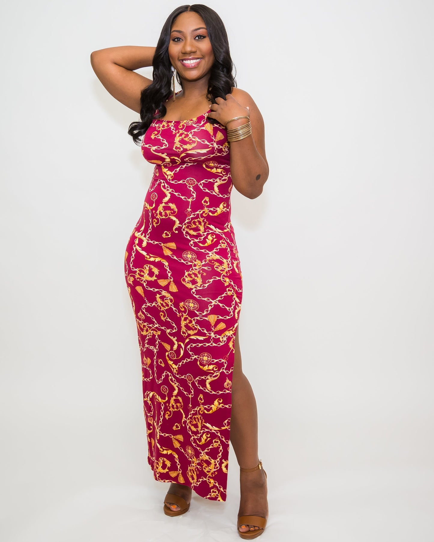 Burgundy Chain Print Bodycon Maxi Dress Ju-Nel Fashion Boutique