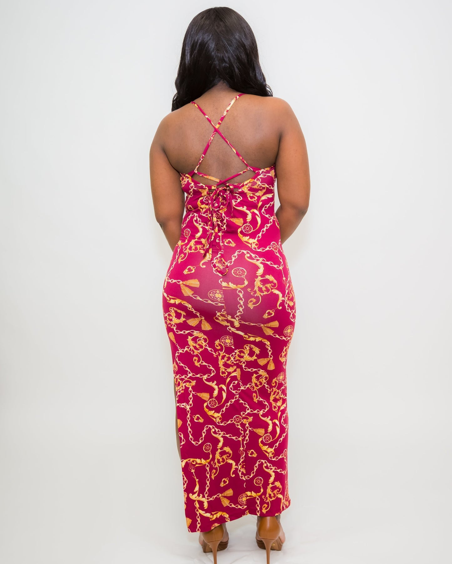 Burgundy Chain Print Bodycon Maxi Dress Ju-Nel Fashion Boutique