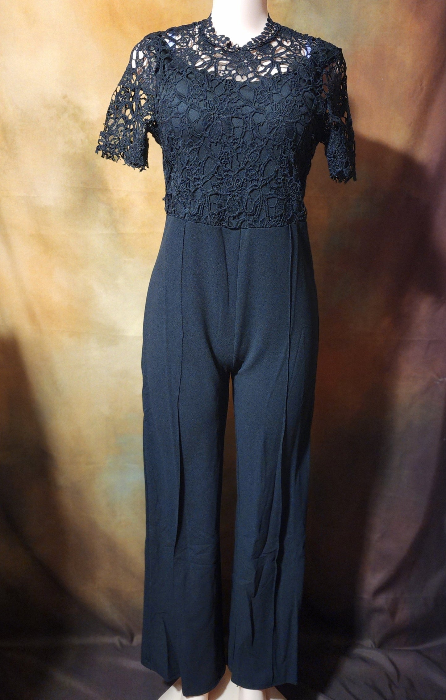 Elegant Black Lace Jumpsuit – Short Sleeve with Waist Tie Ju-Nel Fashion Boutique