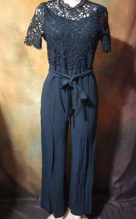 Elegant Black Lace Jumpsuit – Short Sleeve with Waist Tie Ju-Nel Fashion Boutique