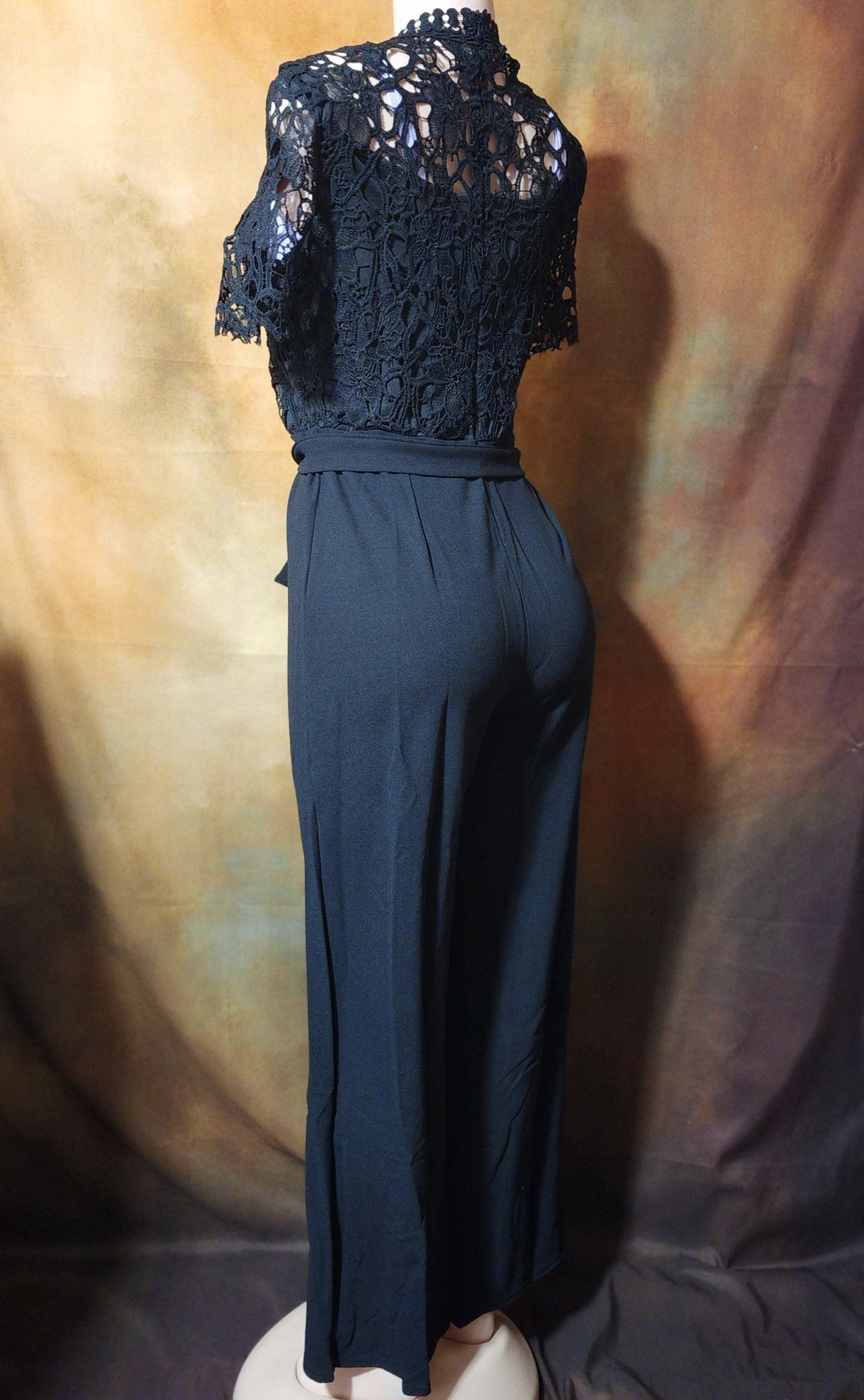 Elegant Black Lace Jumpsuit – Short Sleeve with Waist Tie Ju-Nel Fashion Boutique