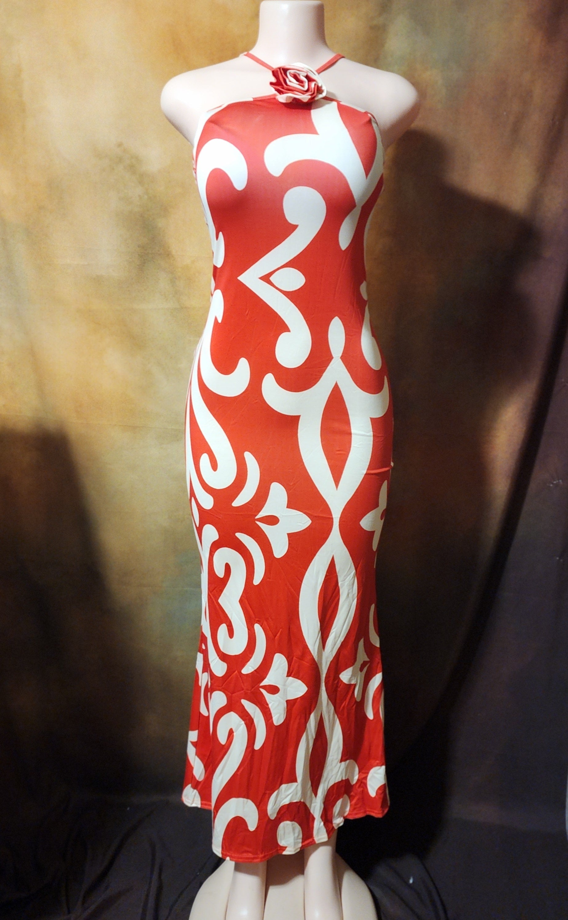 Women's Orange & White Halter Maxi Dress with Floral Neck Detail Ju-Nel Fashion Boutique Women's Orange & White Halter Maxi Dress with Floral Neck Detail Ju-Nel Fashion Boutique