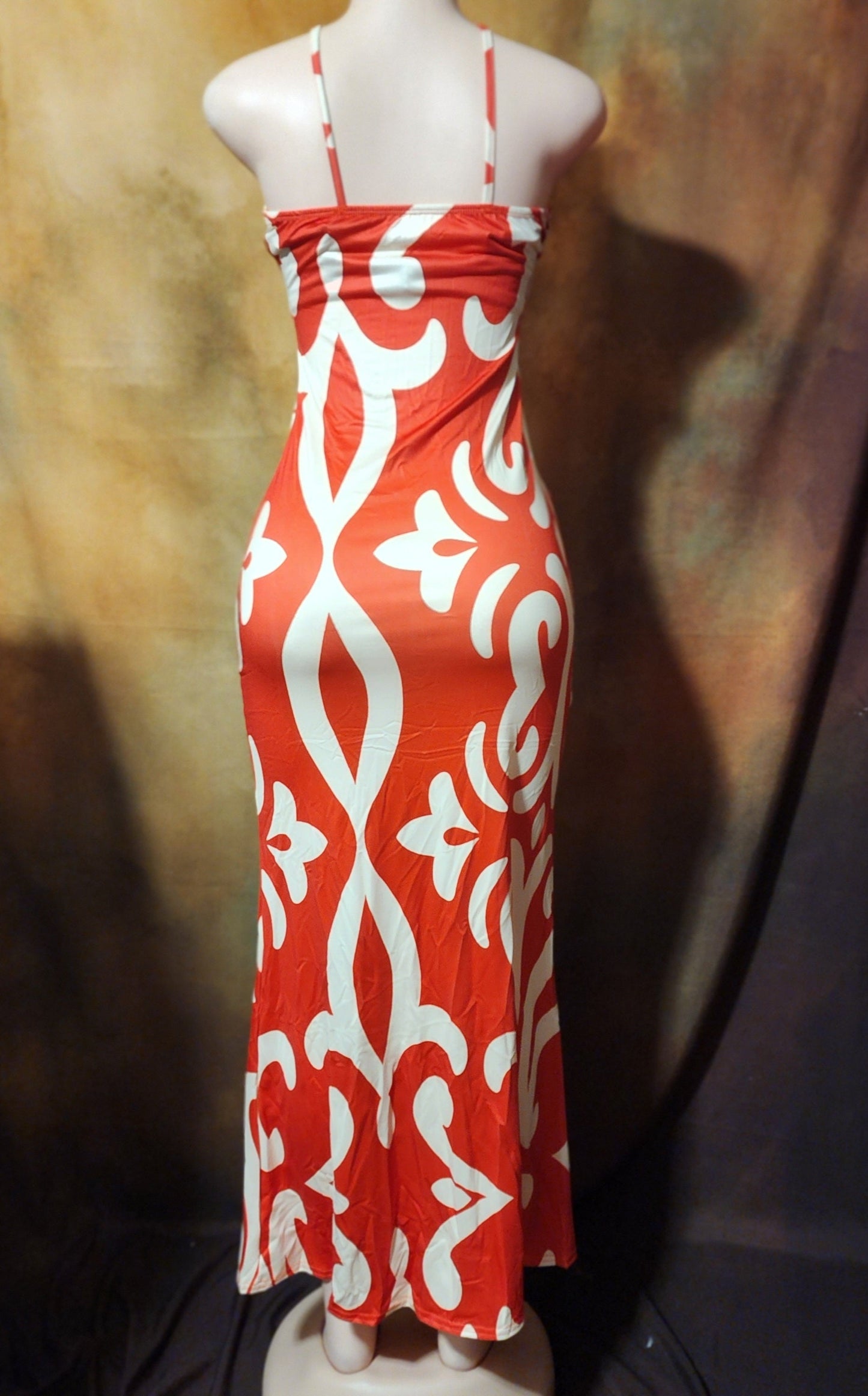 Women's Orange & White Halter Maxi Dress with Floral Neck Detail Ju-Nel Fashion Boutique