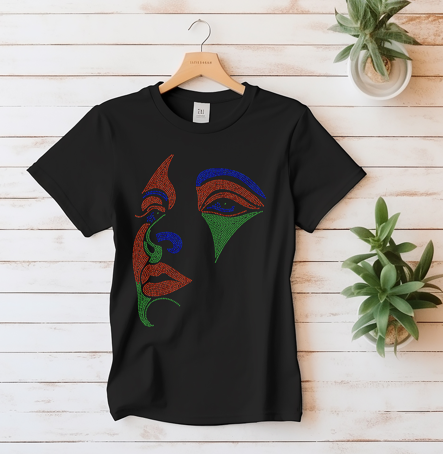 Luxury Abstract Rhinestone Face T-Shirt | Bling Graphic Tee | Statement Fashion Top | Glam Streetwear Shirt