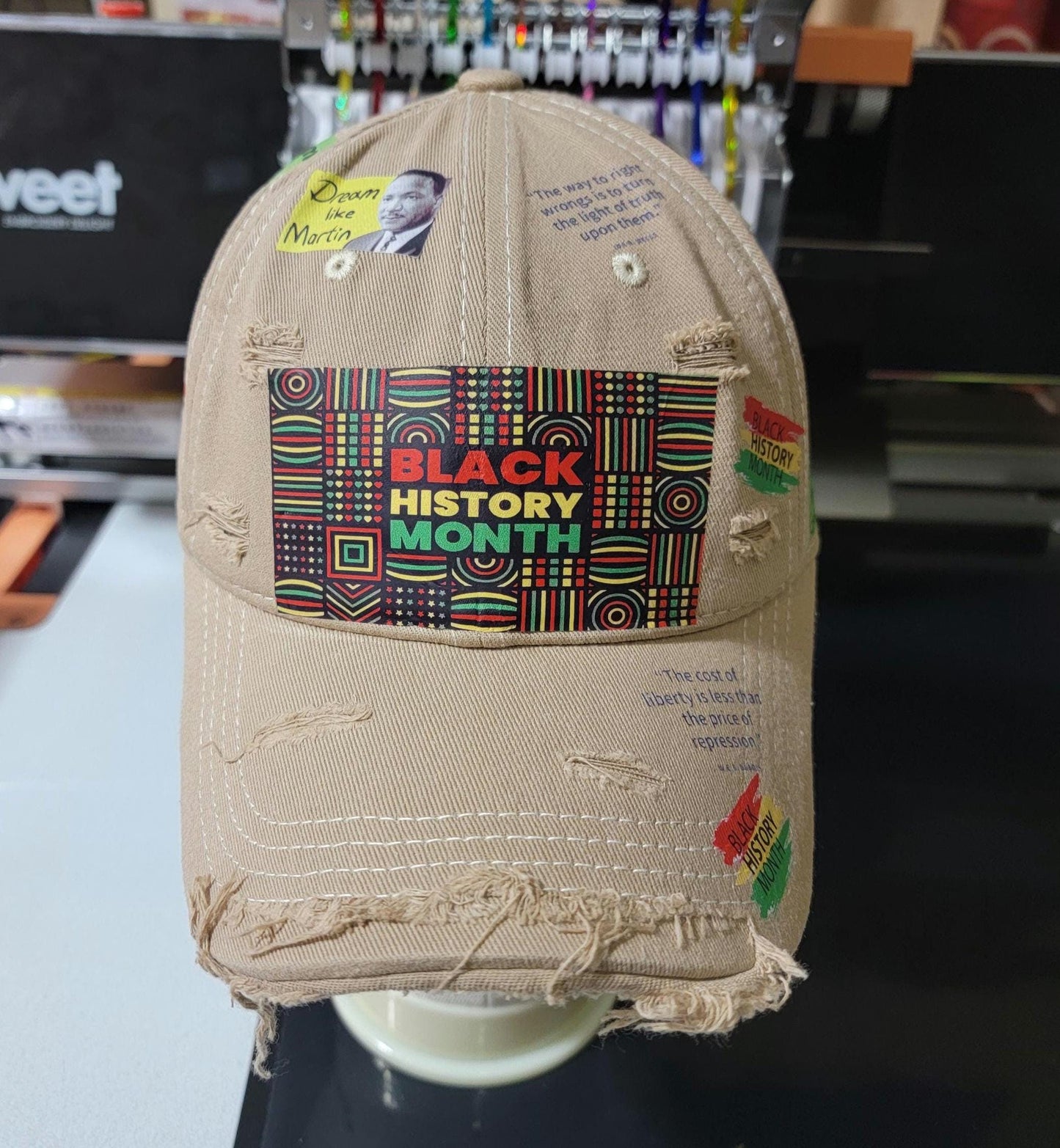 Handcrafted Khaki Distressed Unstructured Black History Cap Ju-Nel Fashion Boutique