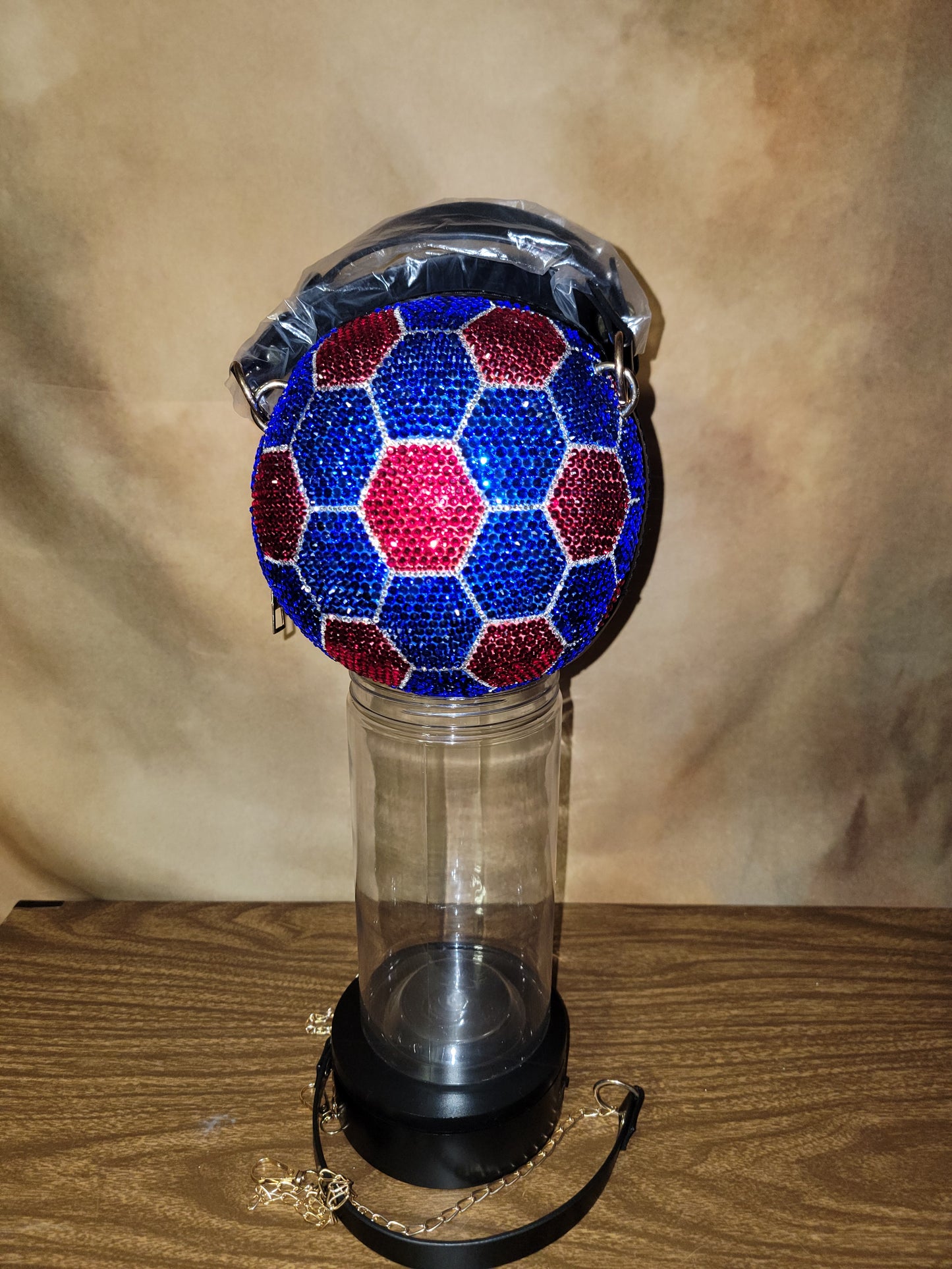 Blue, Red & Crystal Trim Handcrafted Rhinestone Crossbody Soccer Purse