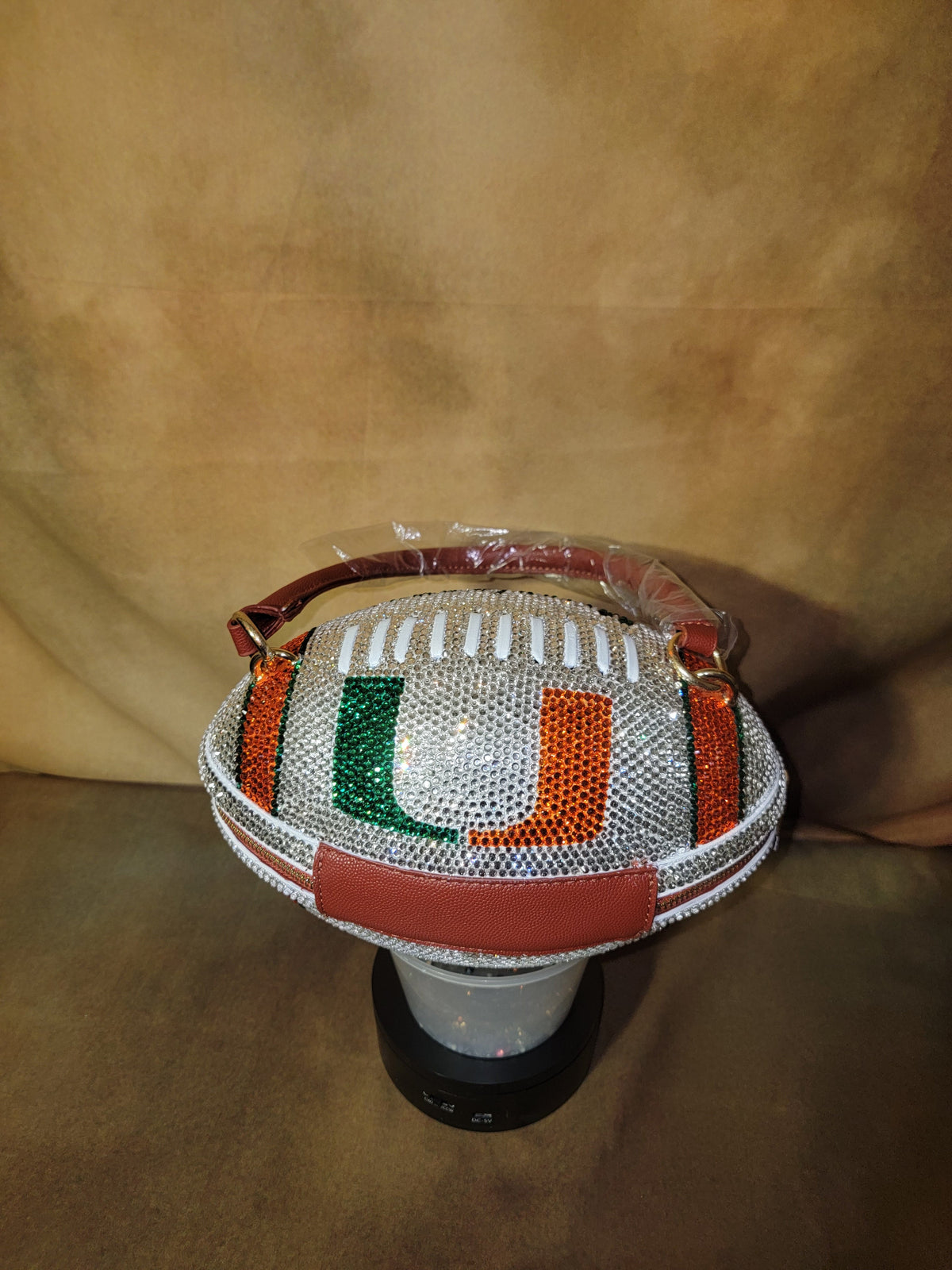 Crystal, Green & Orange Handcrafted Rhinestone Crossbody Football Purse Ju-Nel Fashion Boutique