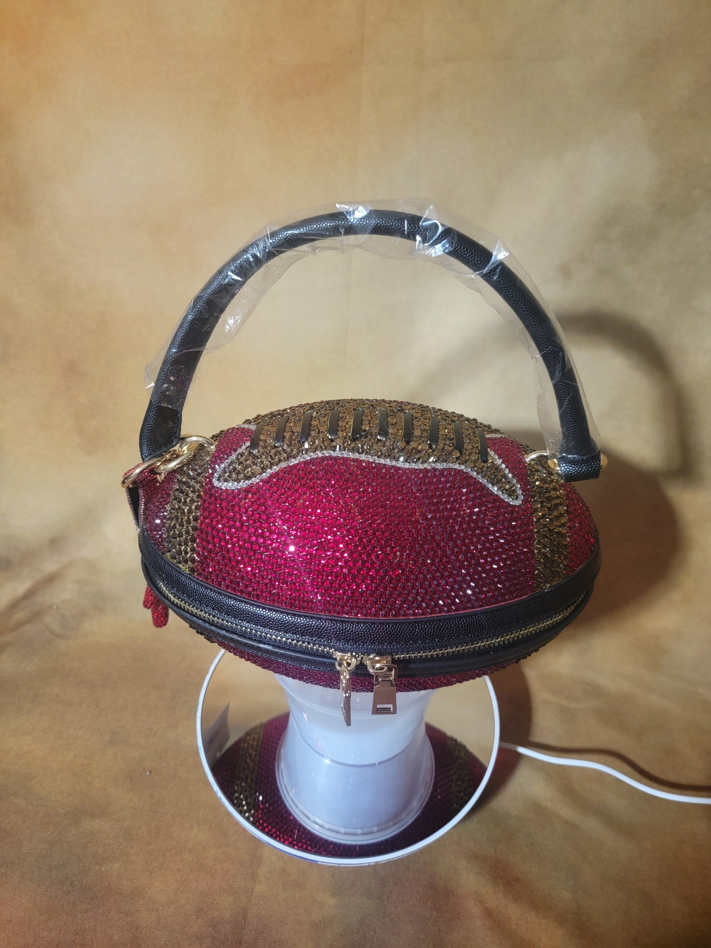 Red, Black, Crystal Handcrafted Rhinestone Crossbody Football Purse Ju-Nel Fashion Boutique