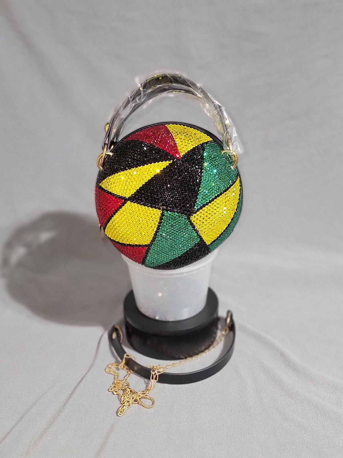 Handcrafted Rhinestone Crossbody Red, Black, Yellow & Green purse