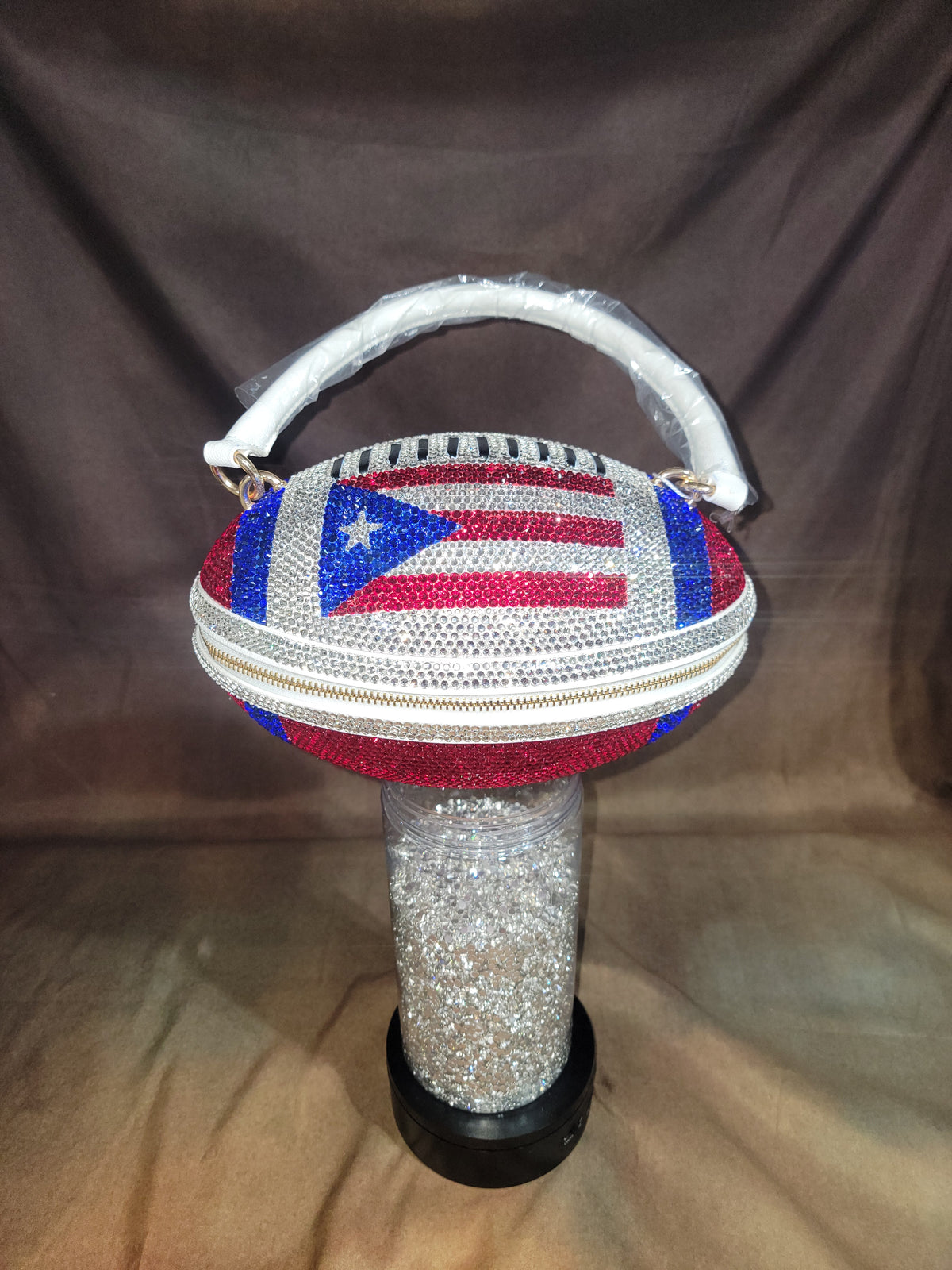 Blue, Red, Crystal & white Handcrafted Rhinestone Crossbody Football Purse