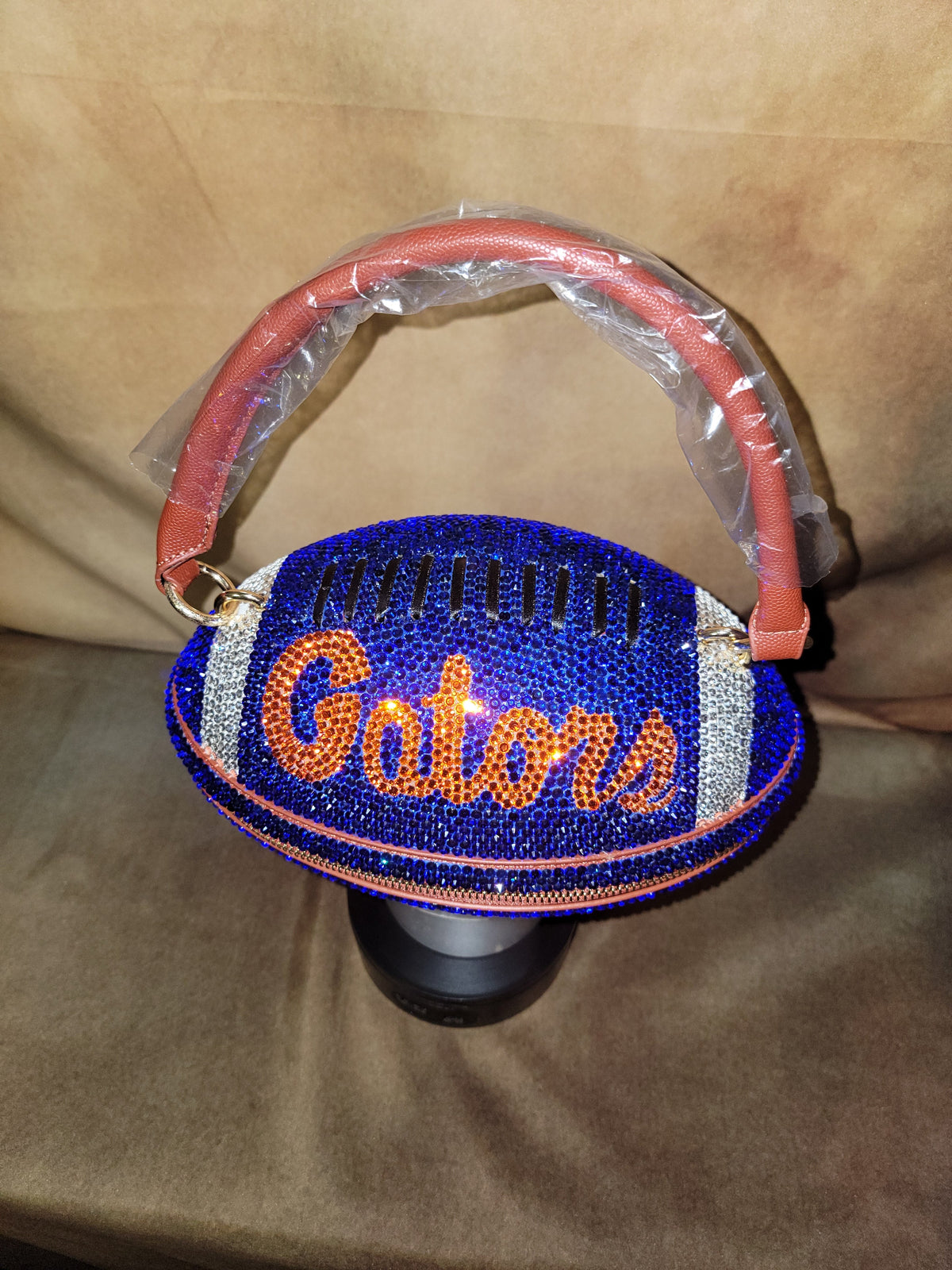 Blue, Orange & Crystal Handcrafted Rhinestone Crossbody Football Purse Ju-Nel Fashion Boutique