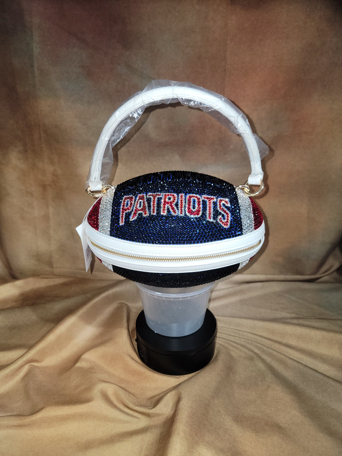 Patriots Blue, Red & Crystal Handcrafted Rhinestone Crossbody Football Purse