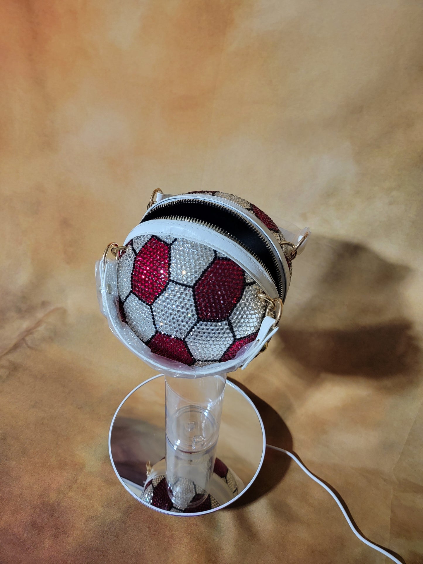 Red, Crystal & Black Trim Handcrafted Rhinestone Crossbody Soccer Purse Ju-Nel Fashion Boutique