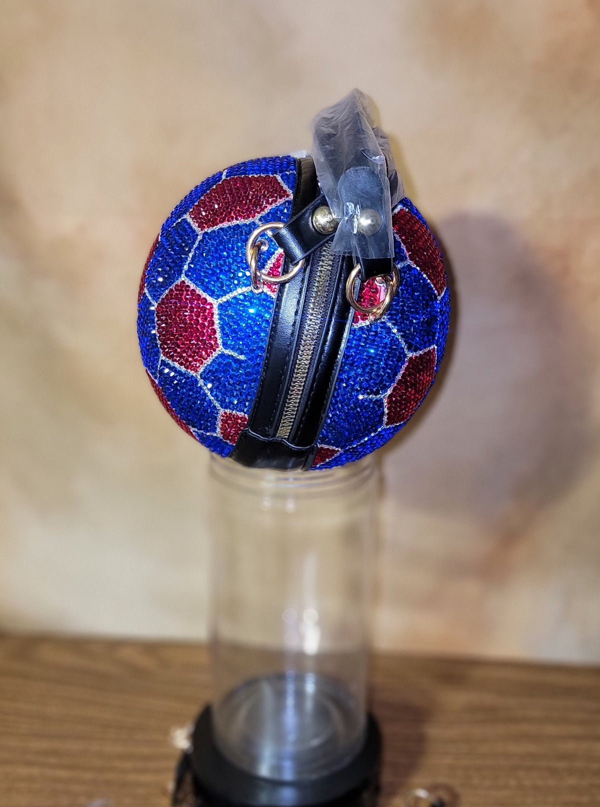 Blue, Red & Crystal Trim Handcrafted Rhinestone Crossbody Soccer Purse