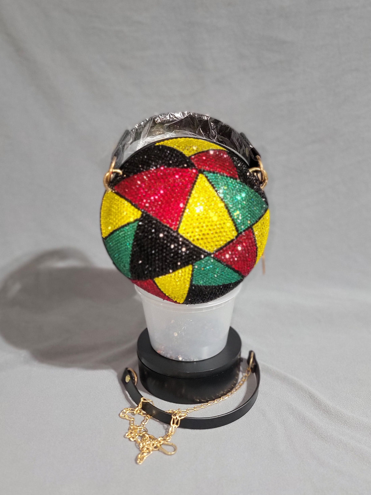 Handcrafted Rhinestone Crossbody Red, Black, Yellow & Green purse