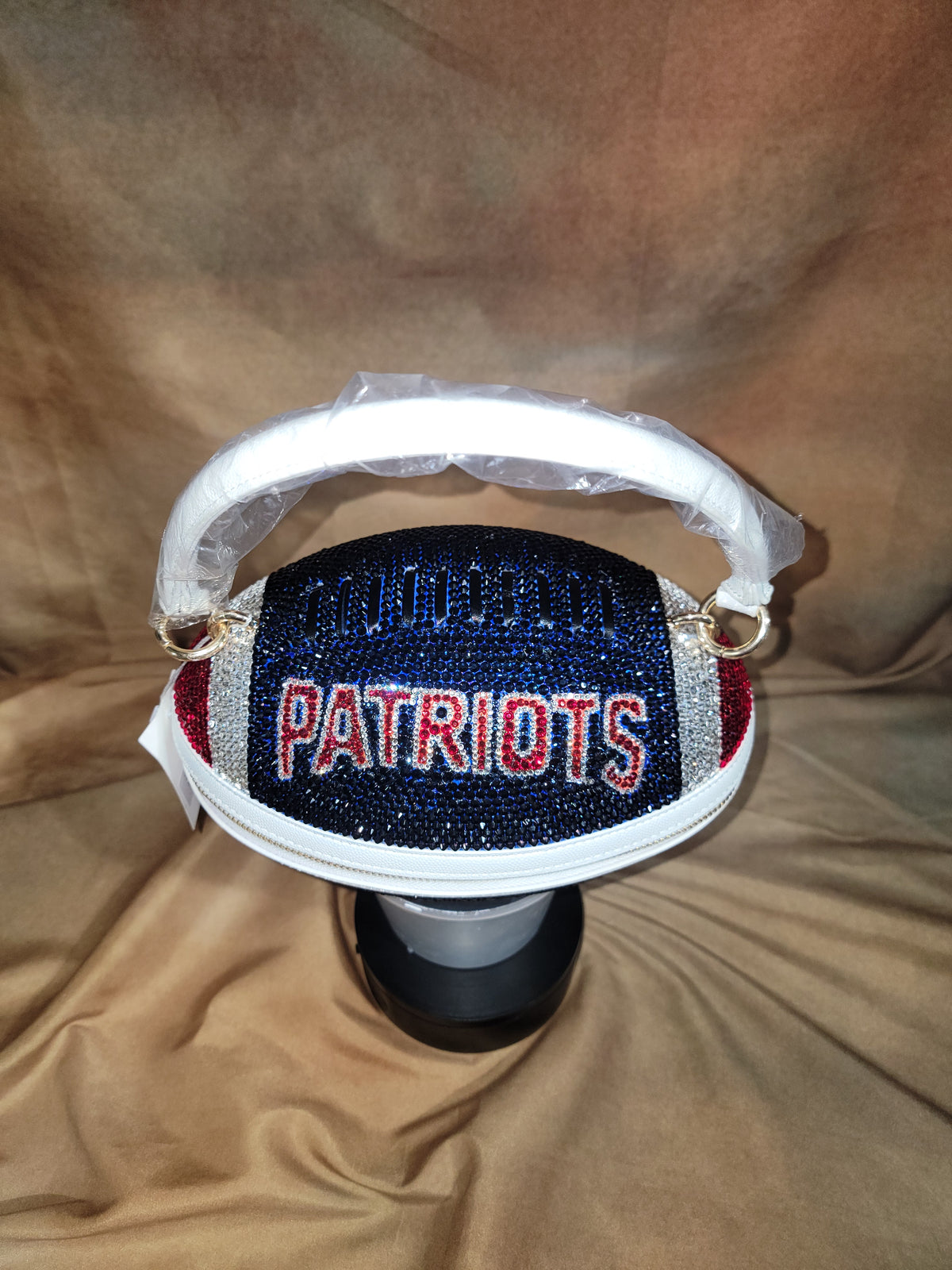 Patriots Blue, Red & Crystal Handcrafted Rhinestone Crossbody Football Purse