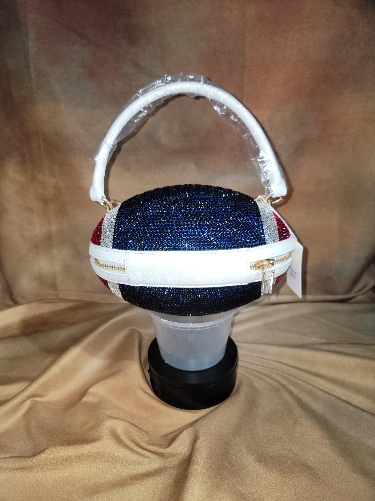 Patriots Blue, Red & Crystal Handcrafted Rhinestone Crossbody Football Purse
