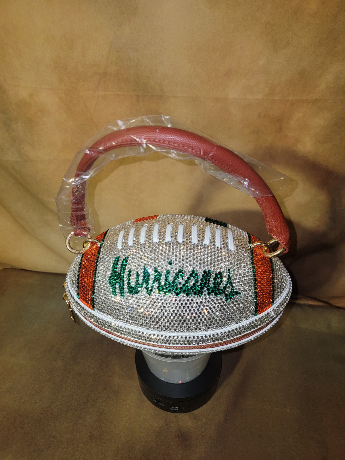 Crystal, Green & Orange Handcrafted Rhinestone Crossbody Football Purse Ju-Nel Fashion Boutique