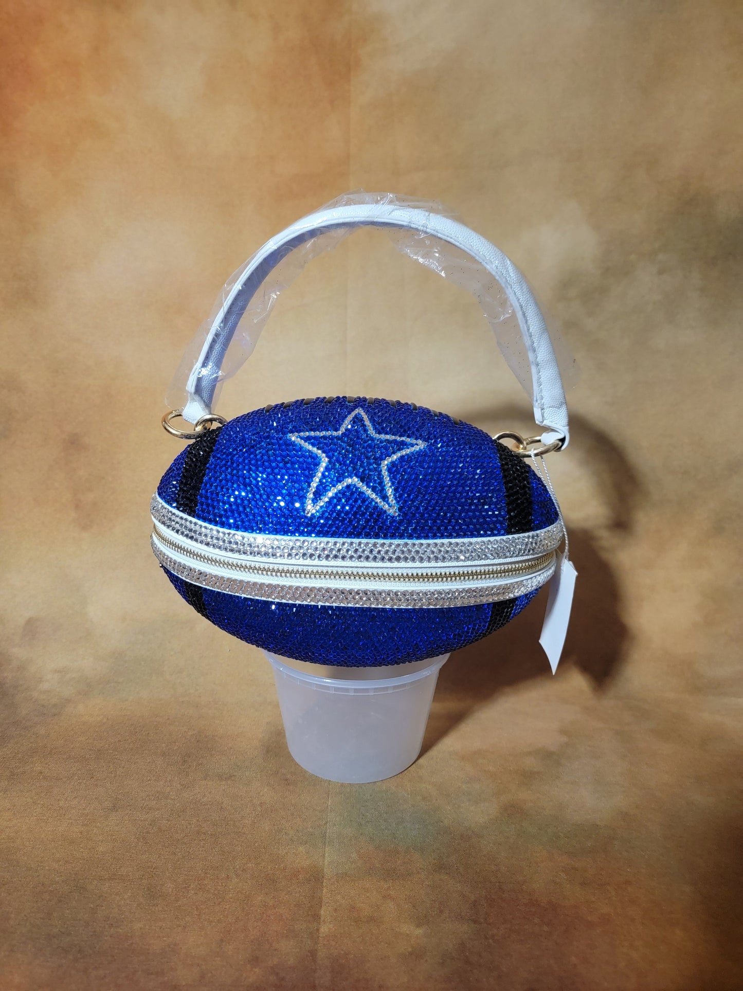 Blue, Black, and Crystal Handcrafted Rhinestone Crossbody Football Purse Ju-Nel Fashion Boutique