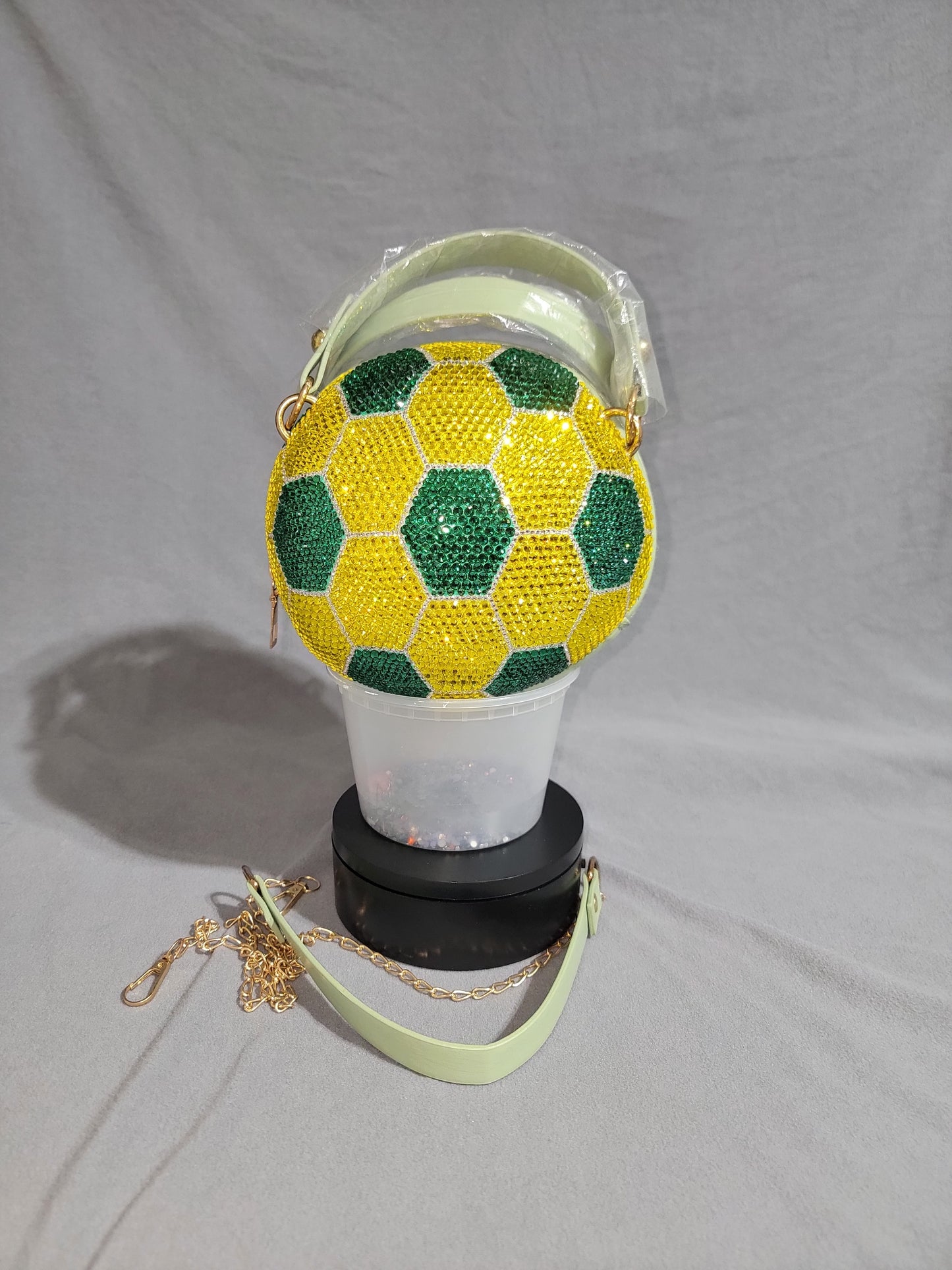 Yellow, Green & Crystal Trim Handcrafted Rhinestone Crossbody Soccer Purse