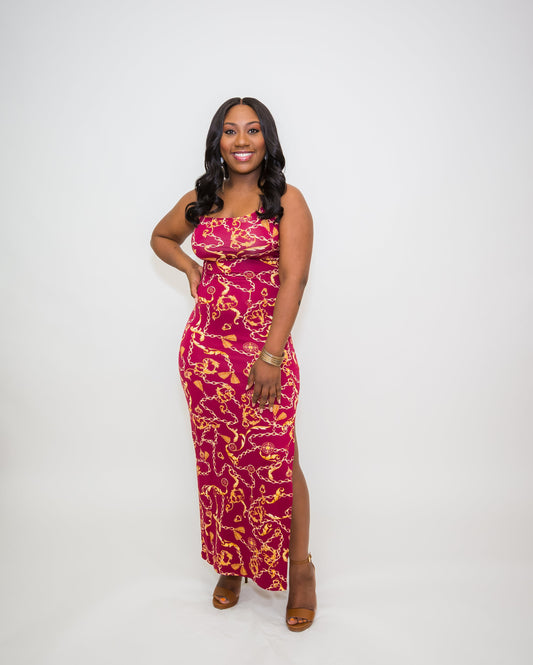 Burgundy Chain Print Bodycon Maxi Dress Ju-Nel Fashion Boutique