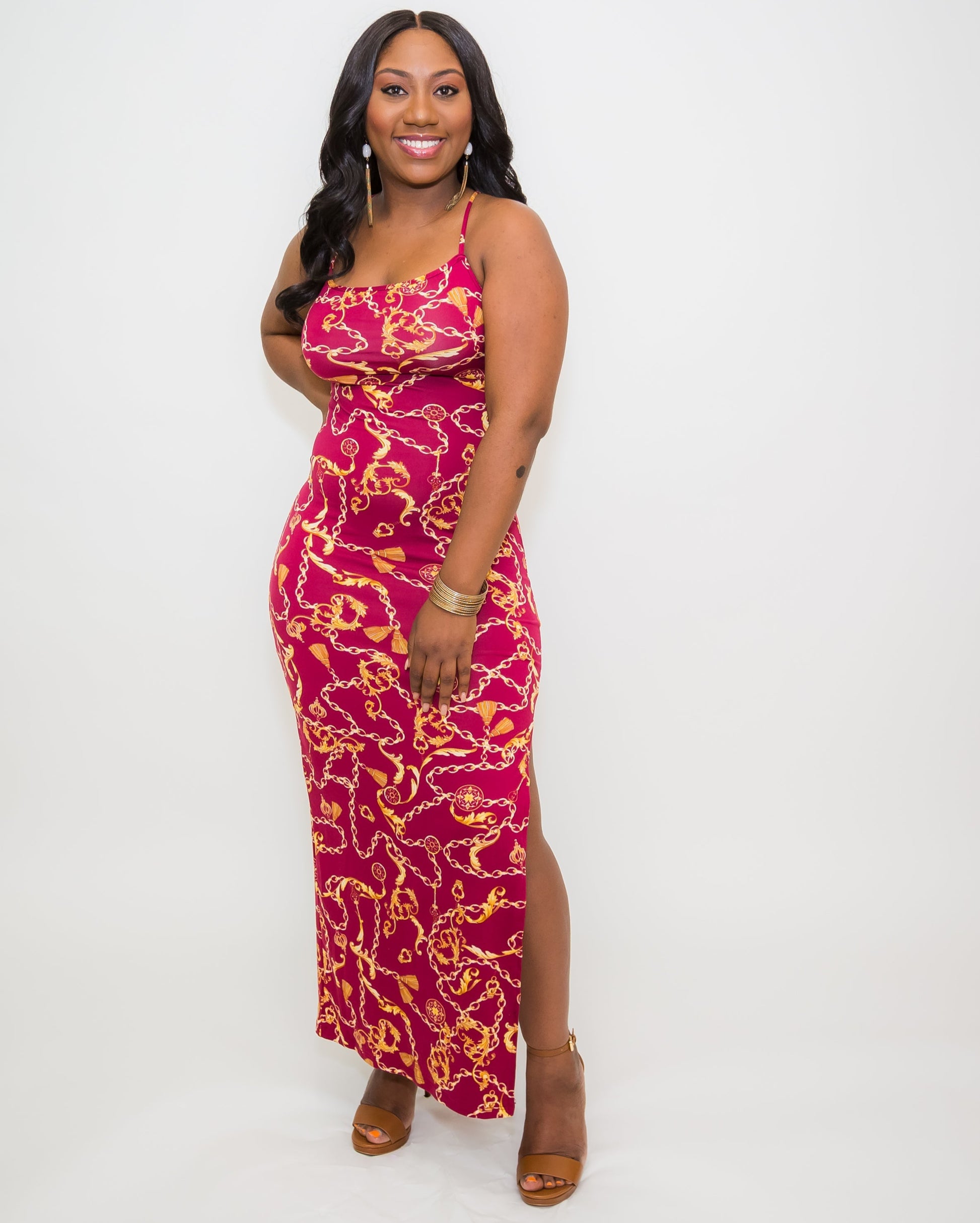 Burgundy Chain Print Bodycon Maxi Dress Ju-Nel Fashion Boutique
