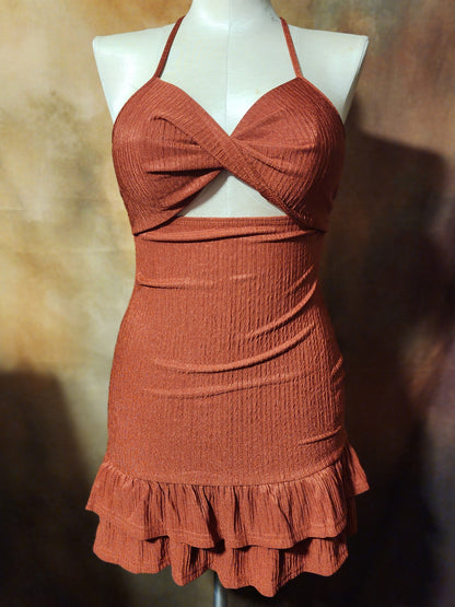 Textured Halter Mini Dress with Ruffle Hem Ju-Nel Fashion Boutique