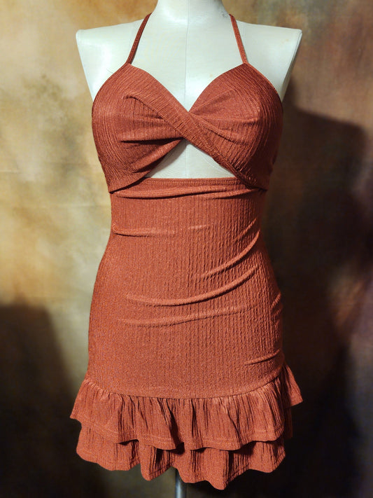 Textured Halter Mini Dress with Ruffle Hem Ju-Nel Fashion Boutique