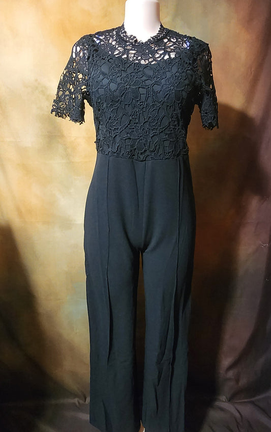 Elegant Black Lace Jumpsuit – Short Sleeve with Waist Tie Ju-Nel Fashion Boutique