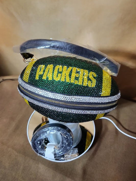 Green, Yellow & Crystal Handcrafted Rhinestone Crossbody Football Purse Ju-Nel Fashion Boutique
