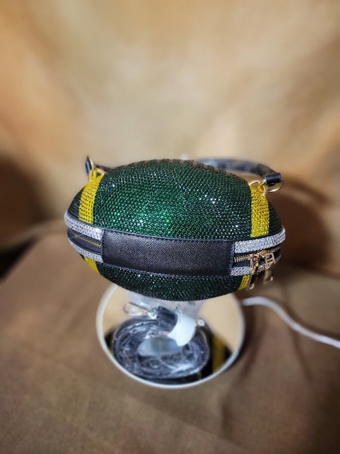 Green, Yellow & Crystal Handcrafted Rhinestone Crossbody Football Purse Ju-Nel Fashion Boutique