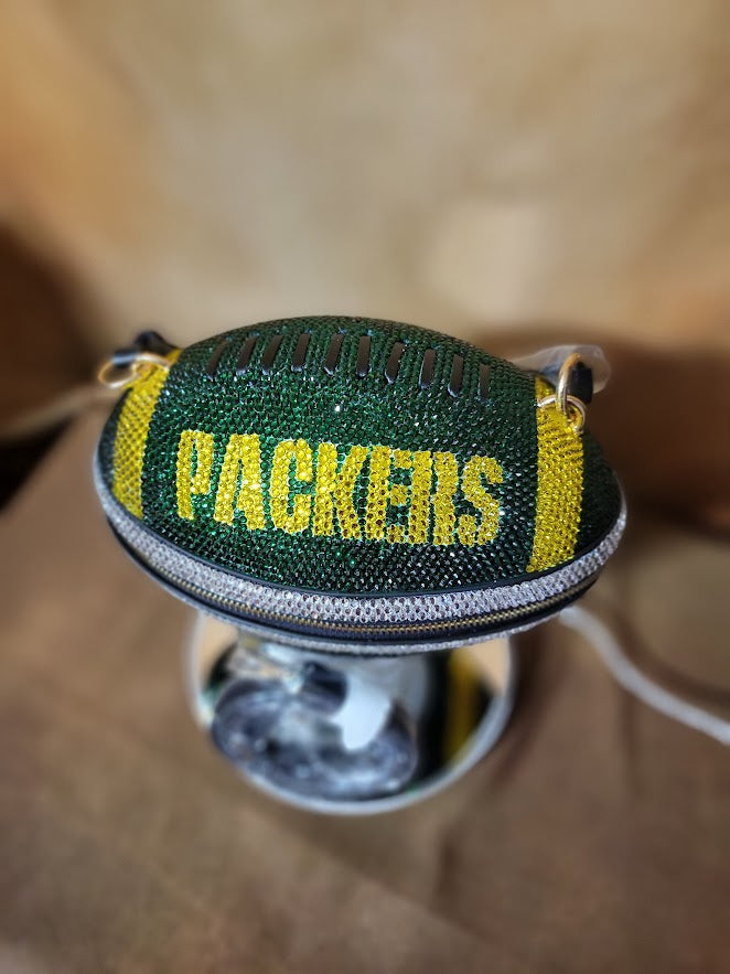 Green, Yellow & Crystal Handcrafted Rhinestone Crossbody Football Purse Ju-Nel Fashion Boutique