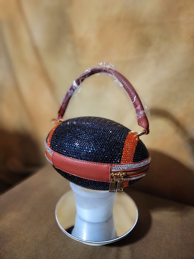 Blue, Orange & Crystal Handcrafted Rhinestone Crossbody Football Purse Ju-Nel Fashion Boutique