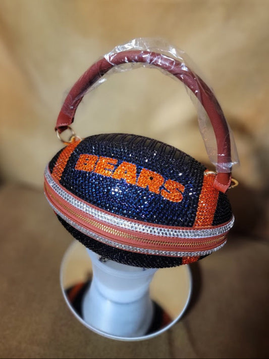 Blue, Orange & Crystal Handcrafted Rhinestone Crossbody Football Purse Ju-Nel Fashion Boutique