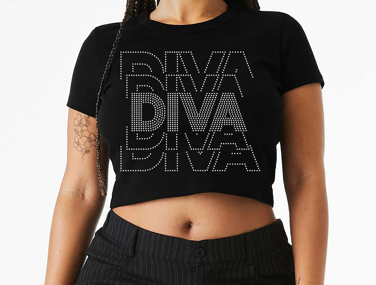DIVA Rhinestone Baby Tee T-Shirt | Bling Statement Tee | Glam Graphic Shirt | Sparkly Fashion Top | Luxury Streetwear Tee