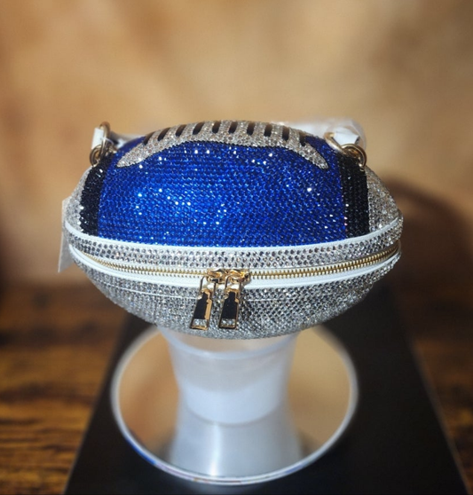 Blue, Black, and Crystal Handcrafted Rhinestone Crossbody Football Purse Ju-Nel Fashion Boutique