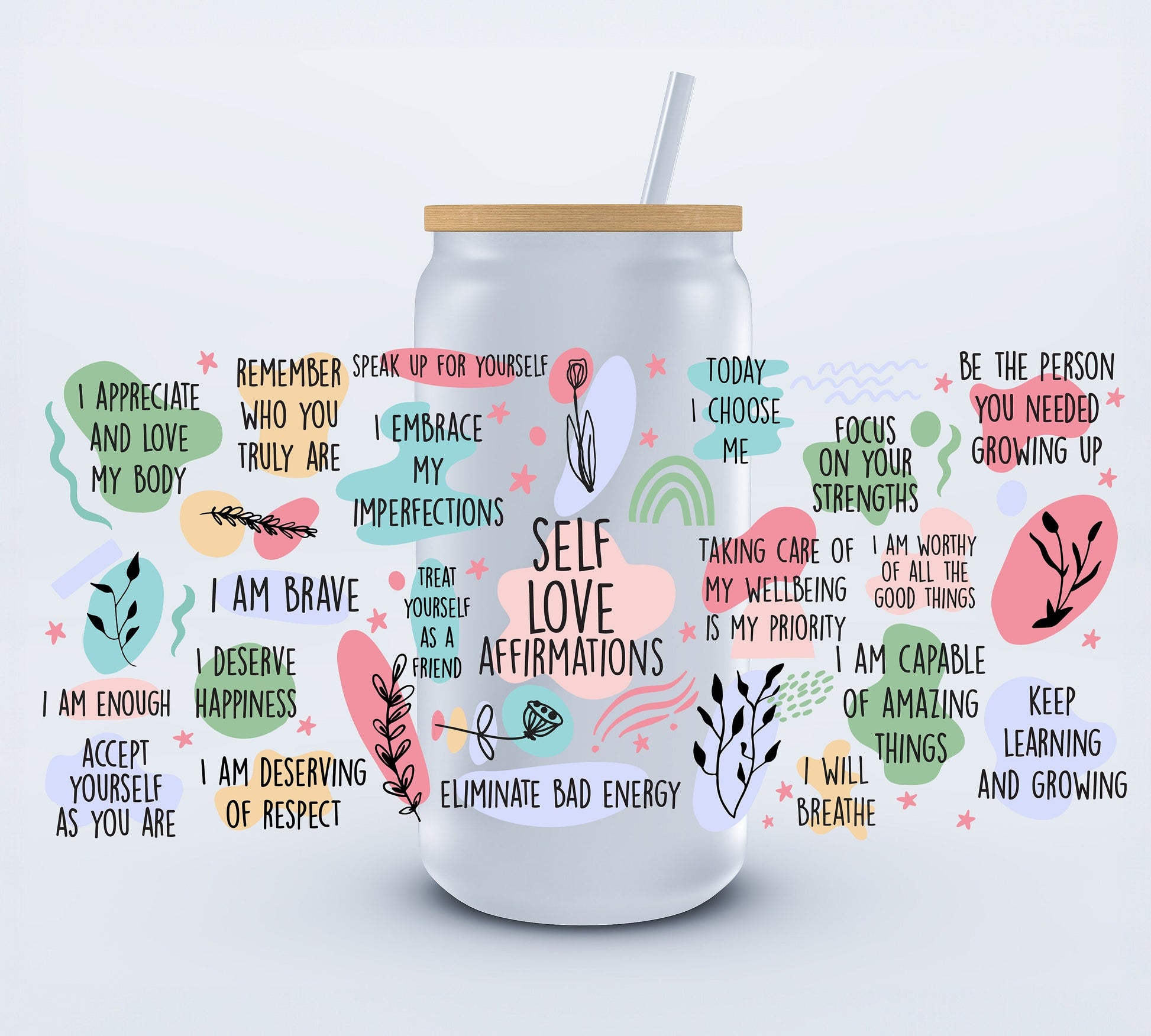 UVDTF Self Love Affirmations 16oz Libbey cup wraps Ju-Nel Fashion Boutique