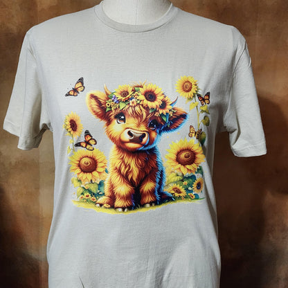 Highland Cow with sunflowers and butterflies tshirt Ju-Nel Fashion Boutique