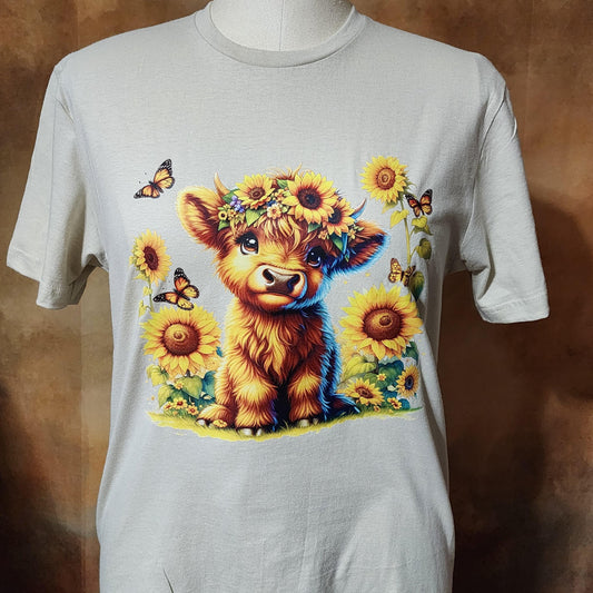 Highland Cow with sunflowers and butterflies tshirt Ju-Nel Fashion Boutique