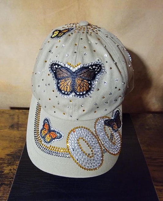 Free Style Rhinestone Tan Unstructured Butterfly Cap Ju-Nel Fashion Boutique