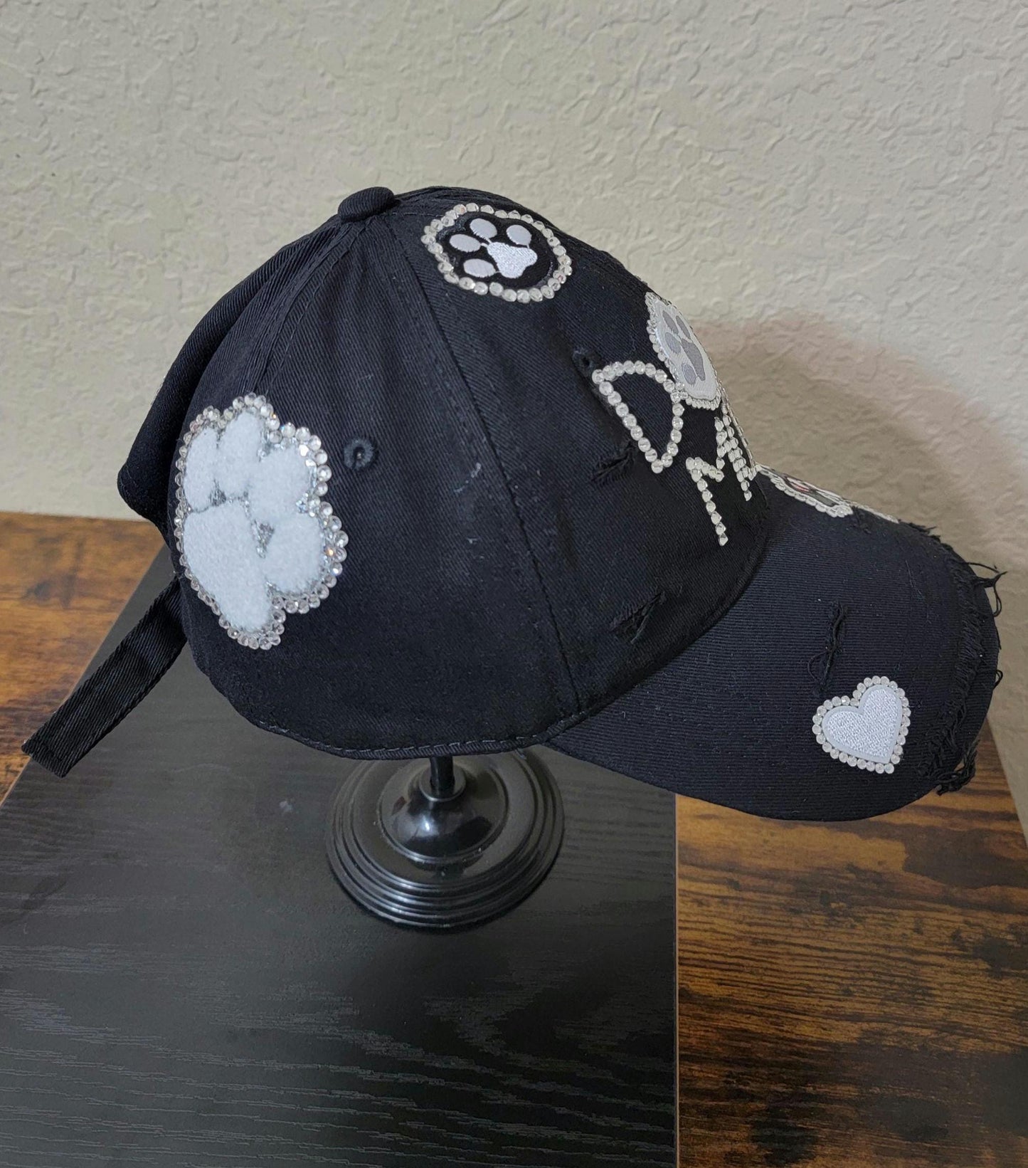 Handcrafted Black  Distressed  Rhinestone Unstructured Dog Mom Cap Ju-Nel Fashion Boutique