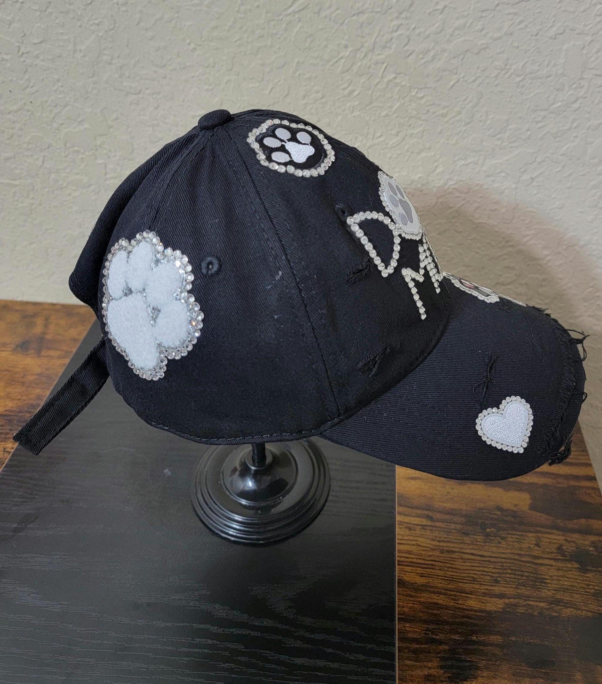 Handcrafted Black  Distressed  Rhinestone Unstructured Dog Mom Cap Ju-Nel Fashion Boutique