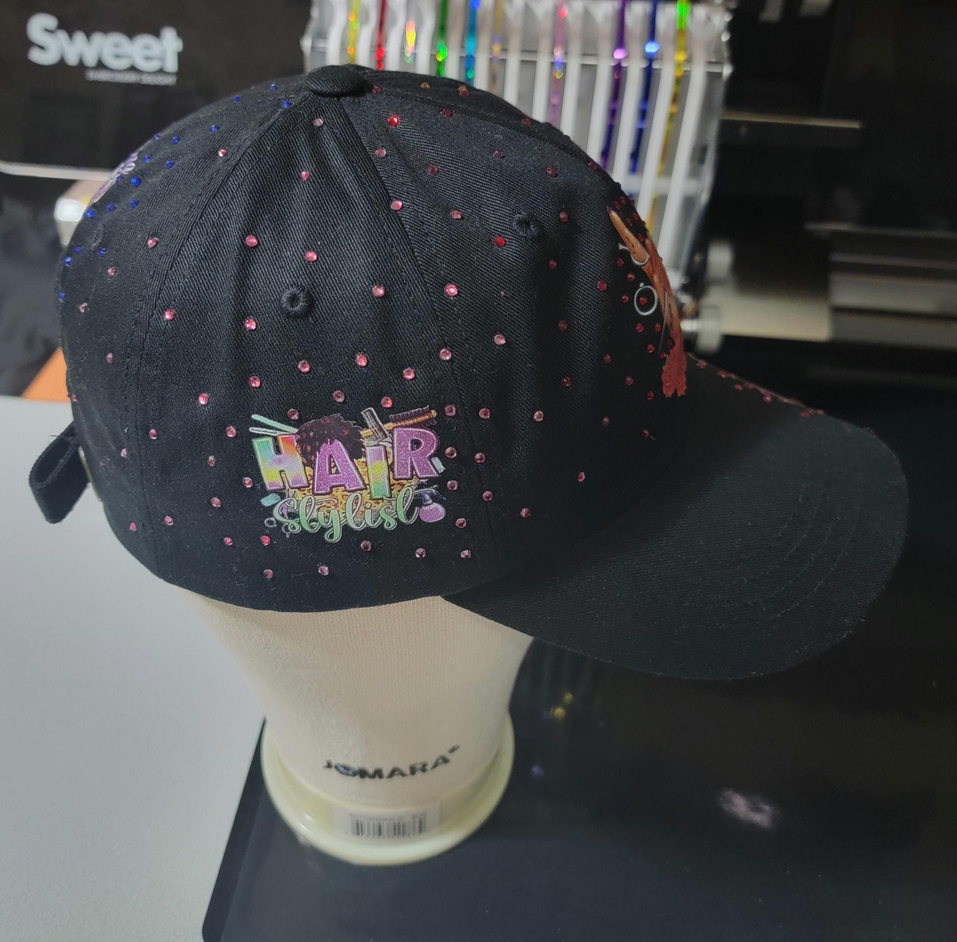 Black Unstructed Hairstylist Rhinestone Cap Ju-Nel Fashion Boutique