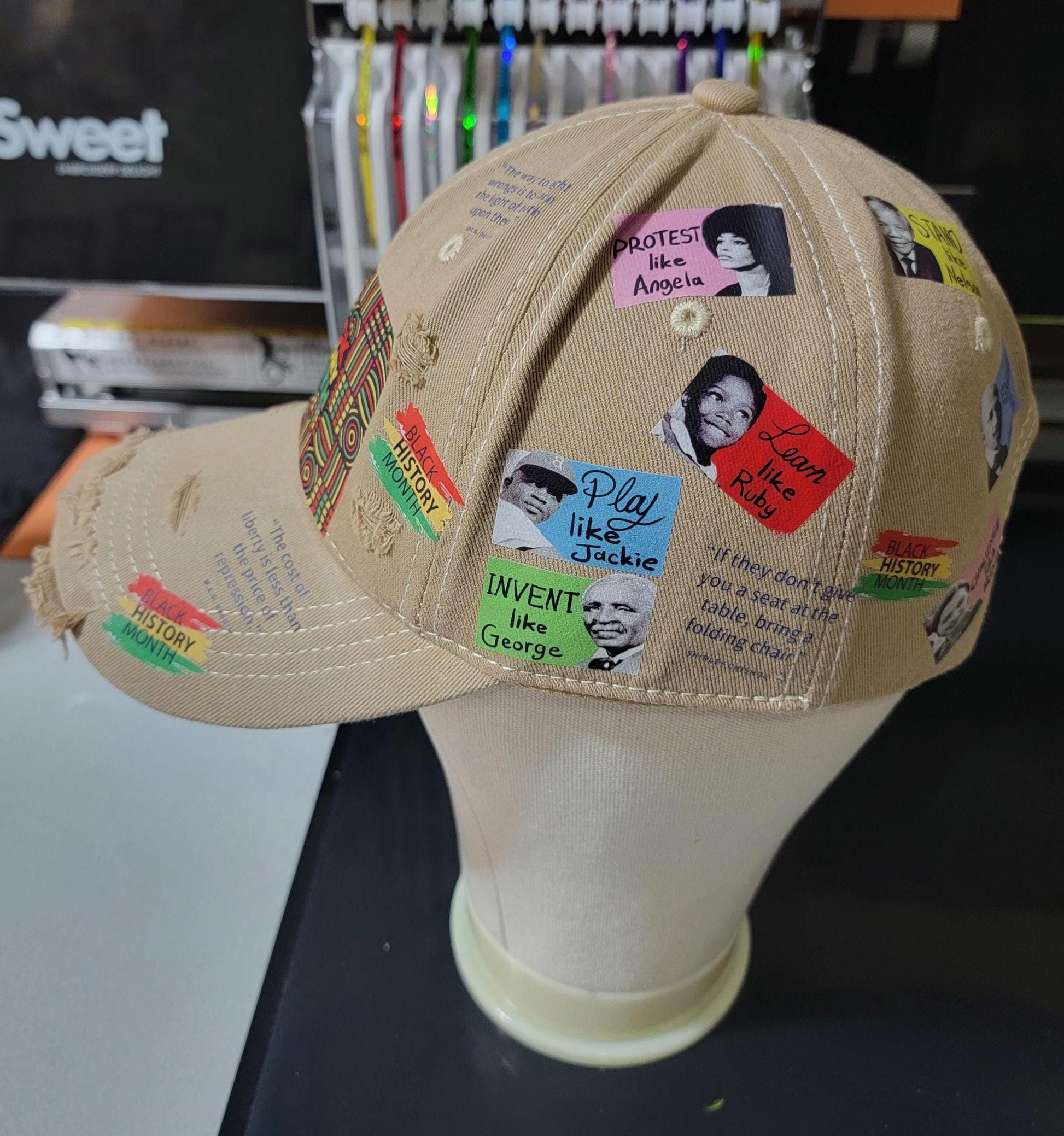 Handcrafted Khaki Distressed  Unstructured Black History Cap Ju-Nel Fashion Boutique
