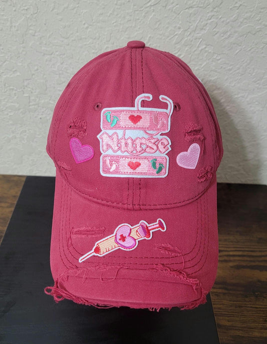 Handcrafted Red Distressed  Unstructured Nurse Cap Ju-Nel Fashion Boutique