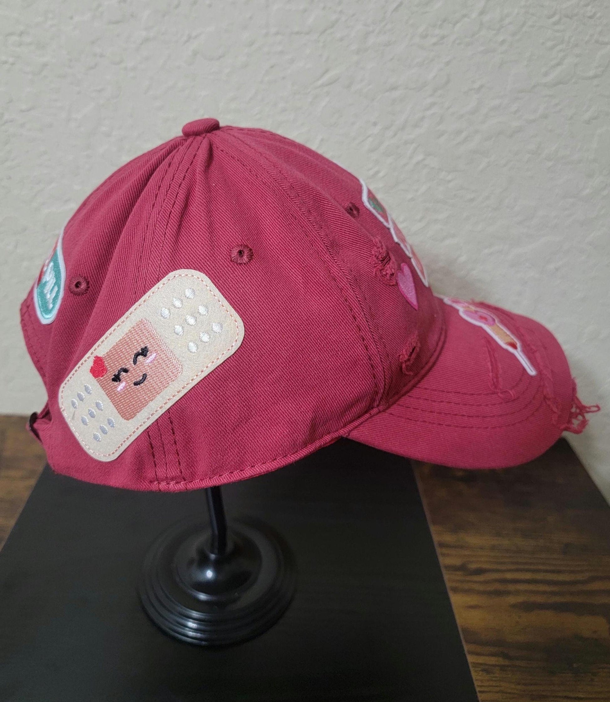 Handcrafted Red Distressed  Unstructured Nurse Cap Ju-Nel Fashion Boutique