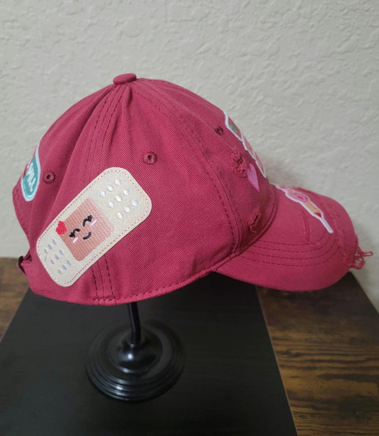Handcrafted Red Distressed  Unstructured Nurse Cap Ju-Nel Fashion Boutique