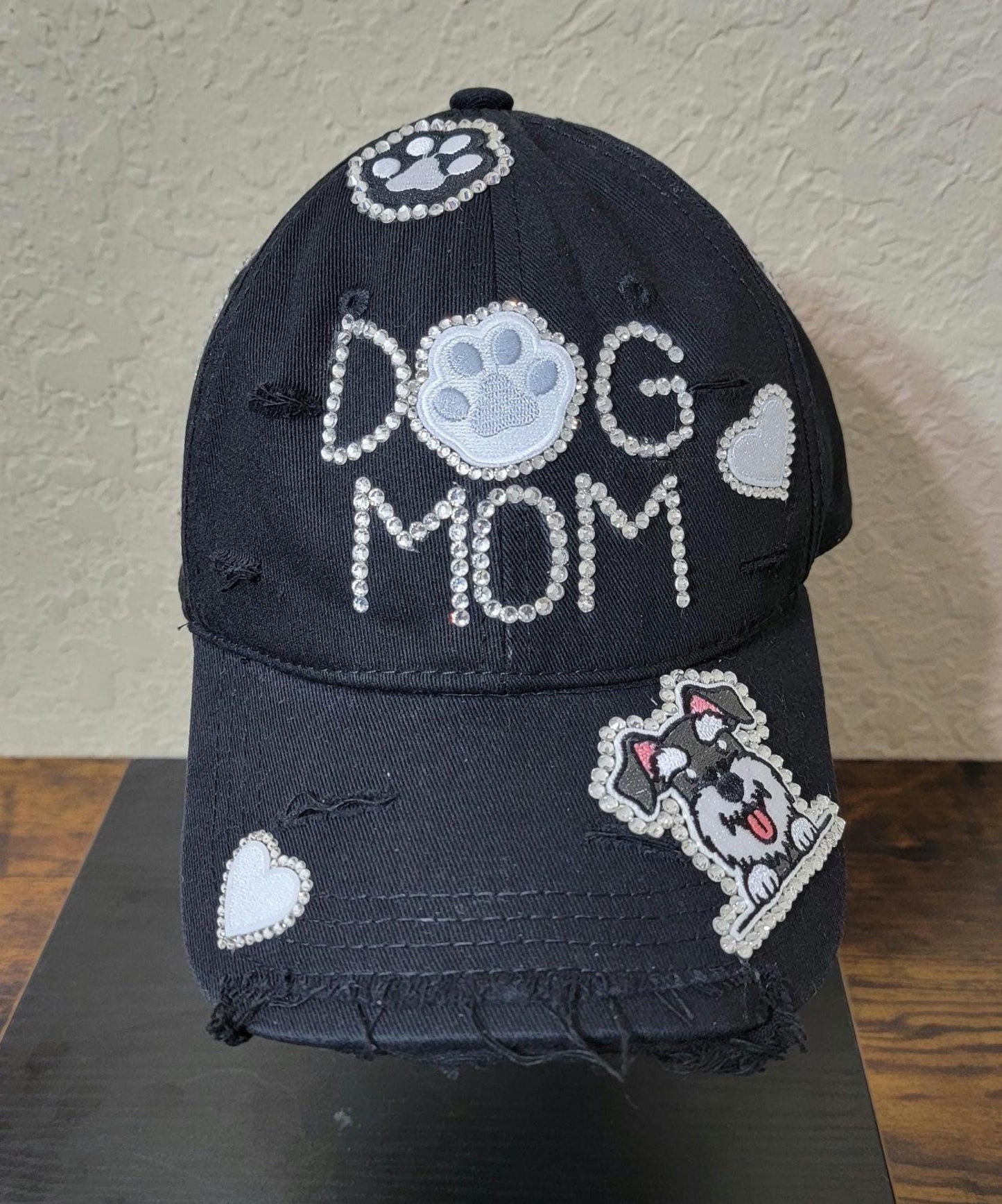 Handcrafted Black  Distressed  Rhinestone Unstructured Dog Mom Cap Ju-Nel Fashion Boutique