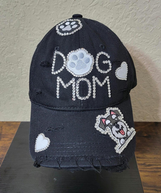Handcrafted Black  Distressed  Rhinestone Unstructured Dog Mom Cap Ju-Nel Fashion Boutique